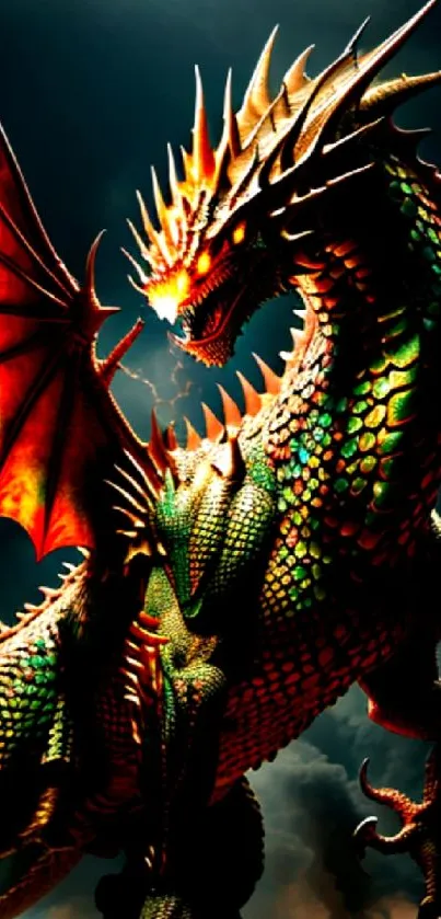 Majestic dragon with colorful scales in a dark fantasy setting.