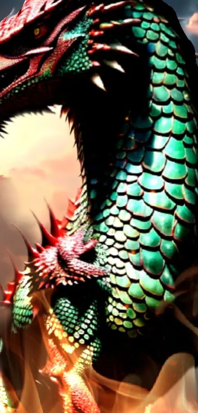 Epic green-scaled dragon in fiery fantasy scene.