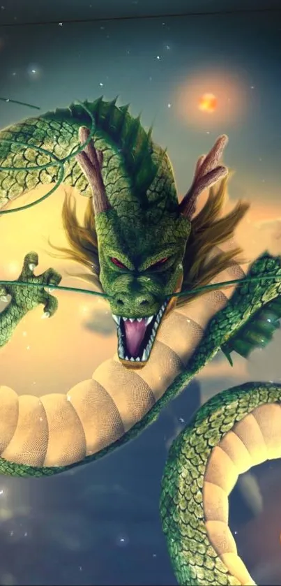 Green dragon with glowing eyes against a mystical sky background.