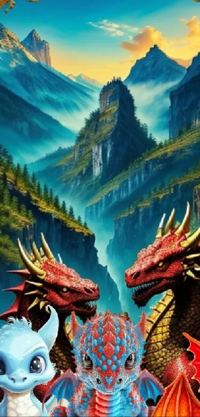 Colorful dragons with a mountain backdrop in fantasy scenery.