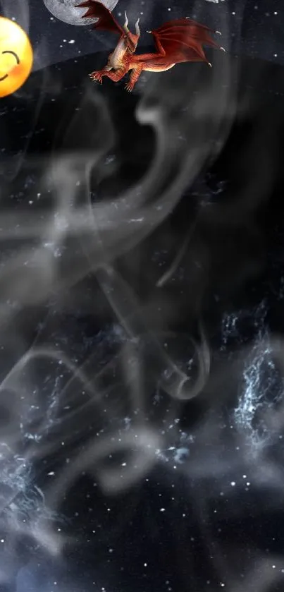 Fantasy dragon in night sky wallpaper with cosmic background.