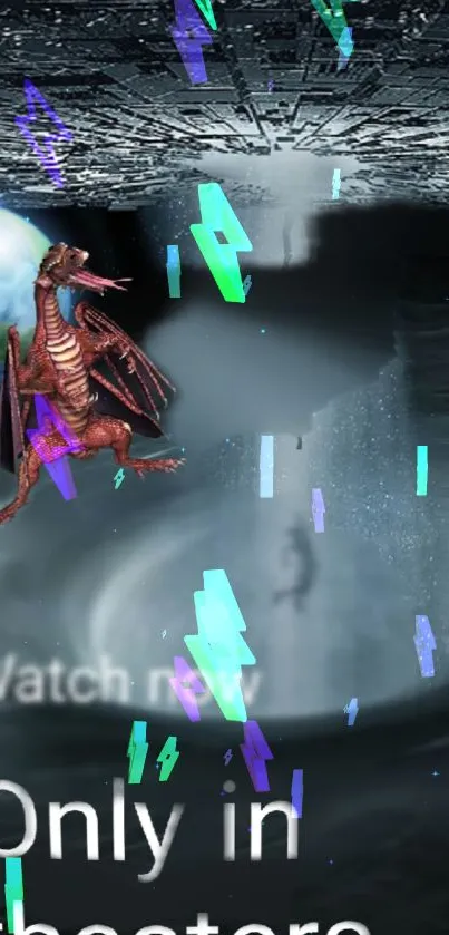Dragon flying over a mystical vortex with colorful accents.