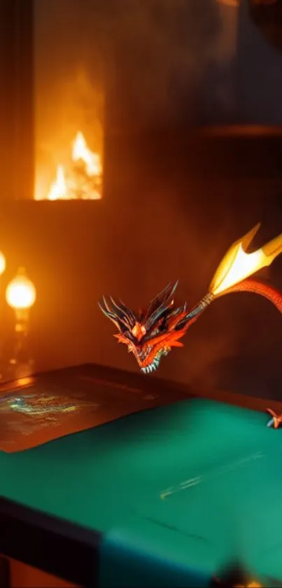 Vibrant fantasy dragon hovering over a glowing table.