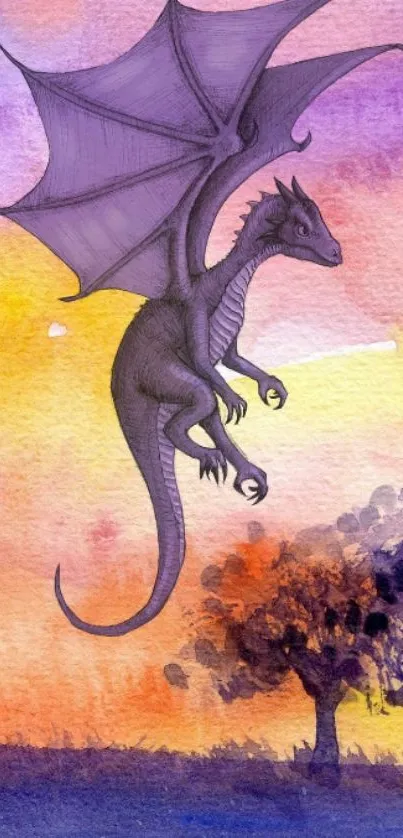 Purple dragon flying in watercolor sunset sky with vibrant colors.