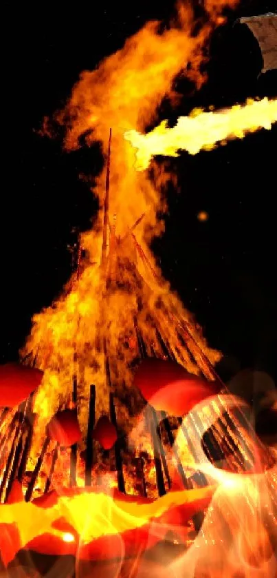 Dragon breathing fire over a blazing bonfire at night.