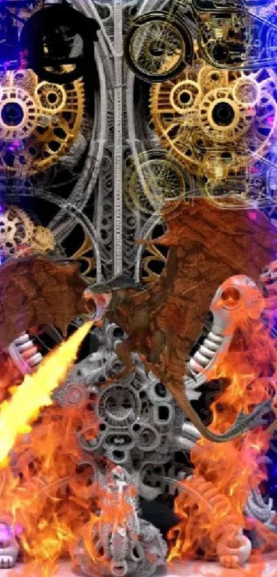 Dragon breathing fire amid steampunk gears, creating a fantasy vibe on your screen.