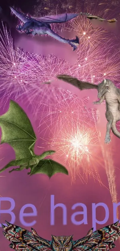 Dragons flying above fireworks with 'Be Happy' text in purple hues.