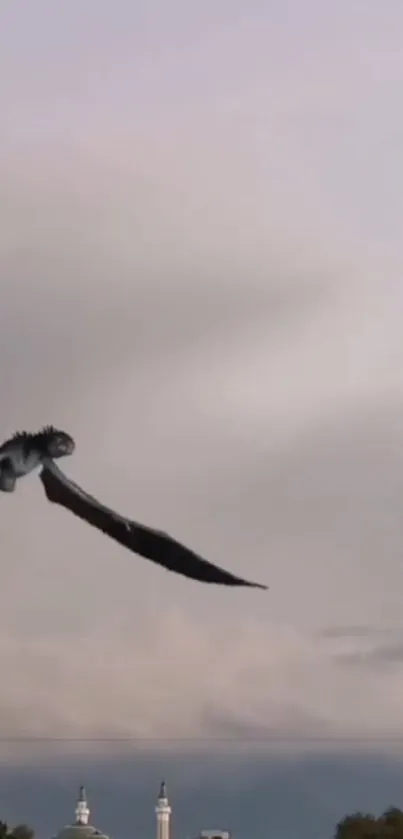 A dragon flying across a light gray cloudy sky.