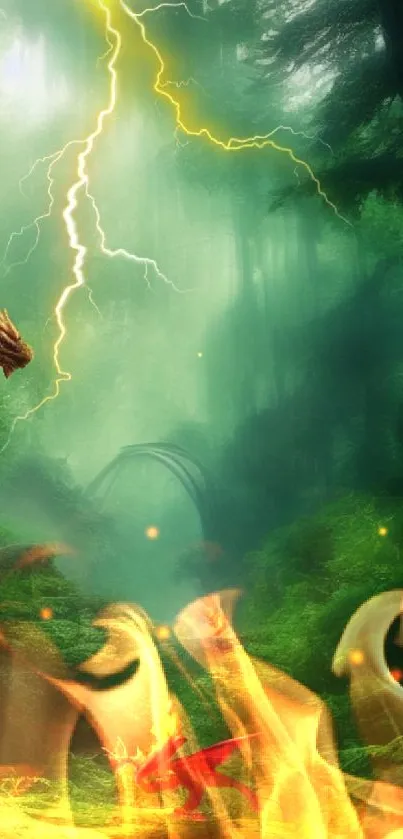 Vibrant dragon and forest with lightning wallpaper.