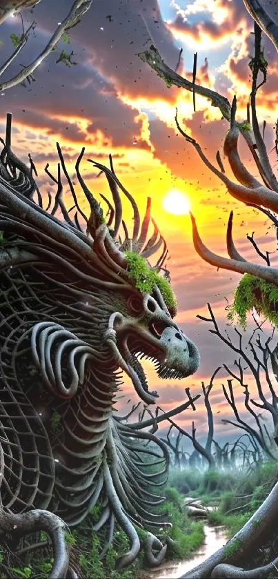 Intricate dragon sculpture amidst a vibrant forest sunset scene.