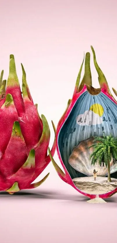 Colorful dragon fruit with tropical scene inside.