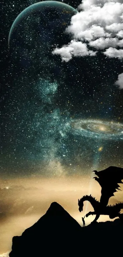 Silhouette of a dragon against a starry cosmos with a visible galaxy and planet.