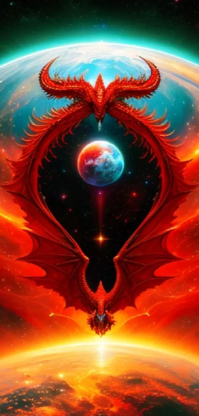 Fiery dragon in cosmic galaxy setting with vibrant colors and fantasy elements.