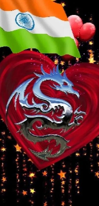 Silver dragon inside red heart with Indian flag background.