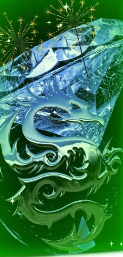 Green dragon with crystal accents on a vibrant mobile wallpaper.