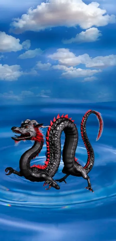 Mobile wallpaper of a dragon in a blue sky with clouds.