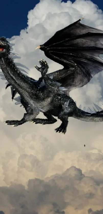 Majestic dragon flying through clouds in a dramatic blue sky backdrop.