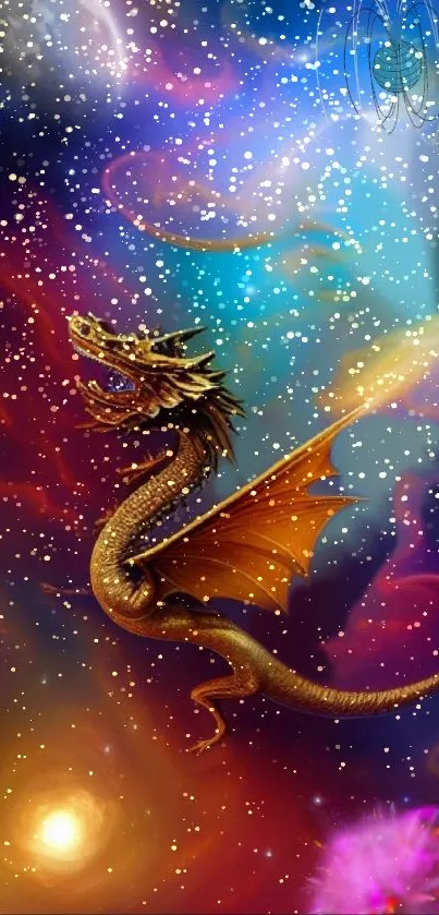 Majestic dragon in cosmic fantasy art scene with vibrant colors.