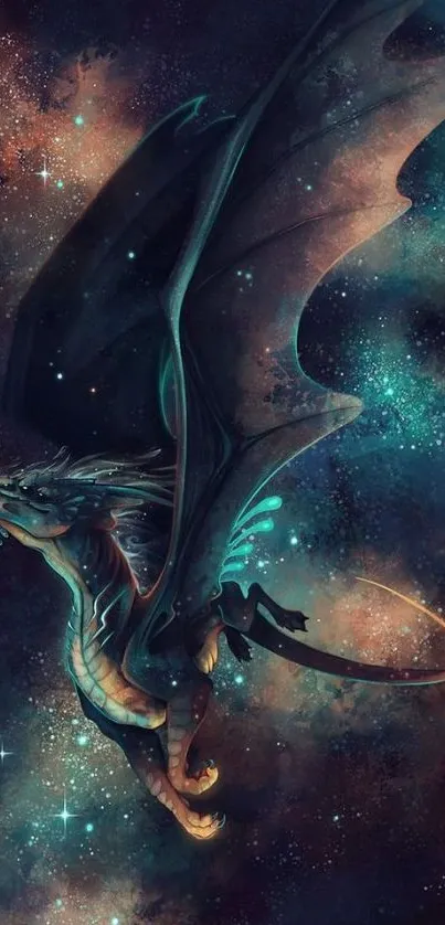 A mystical dragon flying through a cosmic night sky filled with stars.