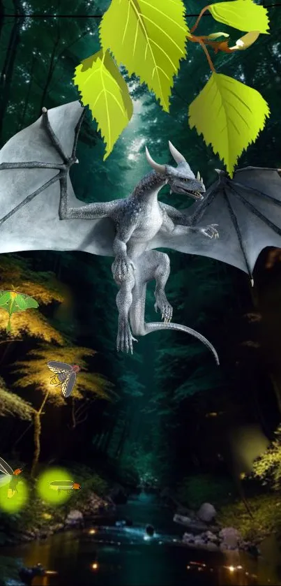 A mystical dragon flying in an illuminated green forest with glowing leaves.