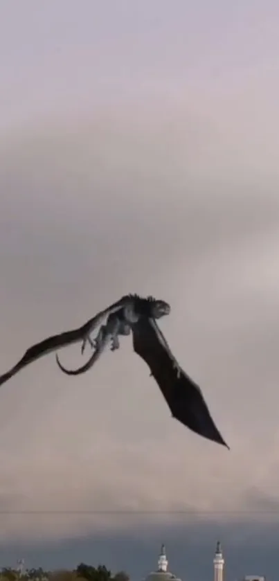 Dragon flying in a cloudy sky with dark wings and extended tail.