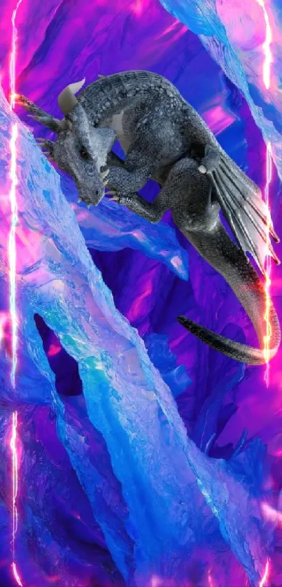 Fantasy dragon in vibrant blue icy cavern.