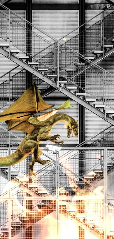 Flying dragon in modern architectural setting with fiery background.