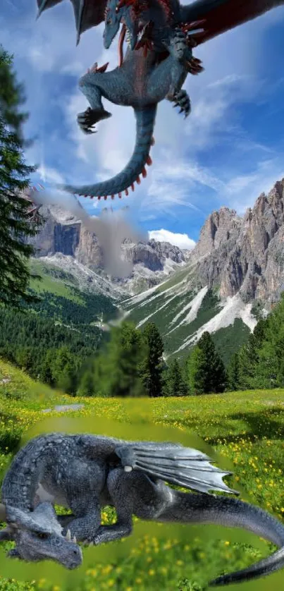 Dragons flying over scenic mountains in lush green landscape.