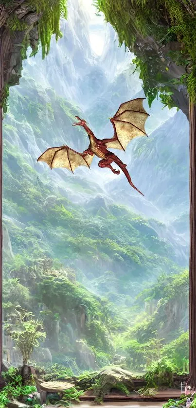 Dragon flying in lush green mystical landscape.