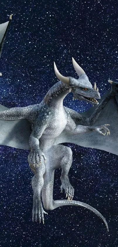 Fantasy dragon soaring in a starry galaxy.