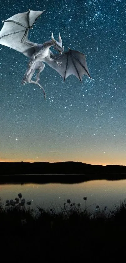 Dragon flying under starry night sky over lake.