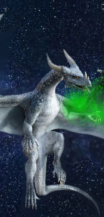 Mystical dragon breathing green fire under a starry night sky.