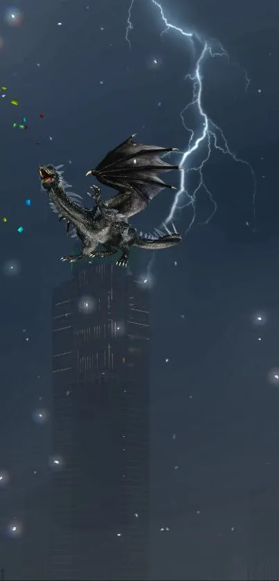 Fierce dragon soaring in a lightning storm over a cityscape.