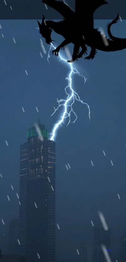 Silhouette of a dragon with lightning over a cityscape at night.