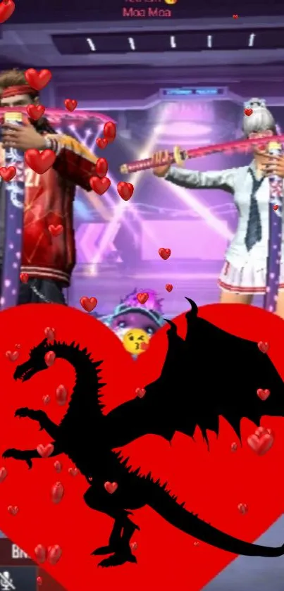 Black dragon silhouette over a red heart with gaming characters.