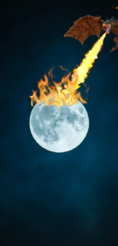 Fantasy dragon breathing fire on moon with dark blue background.