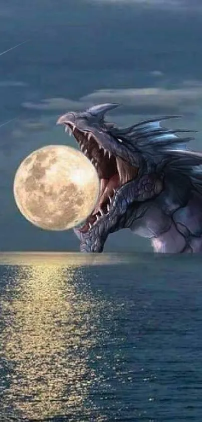 A dragon emerging from the ocean with a full moon in its mouth.