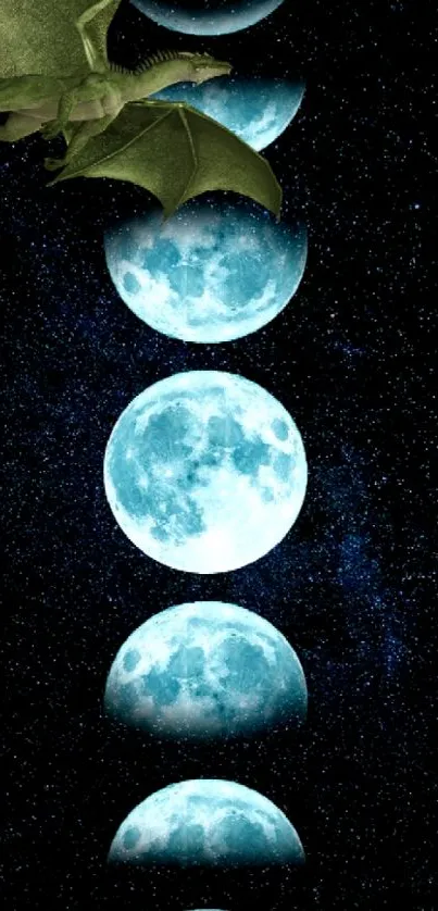 Dragon flying over moon phases in a starry sky.