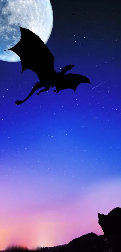 Silhouette of a dragon flying in a starry, moonlit night sky.