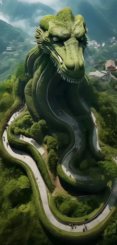 A dragon-shaped path with lush greenery winding up a mountain landscape.