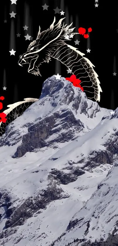 Dragon soaring above a snowy mountain peak.