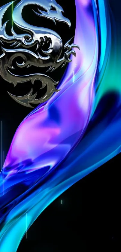 Neon dragon with abstract blue and purple design on black background.