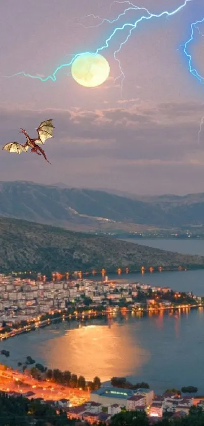 Dragon flying at night over cityscape with moonlight and lightning.