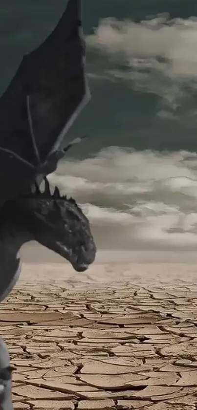 Epic dragon soaring over a cracked desert landscape.