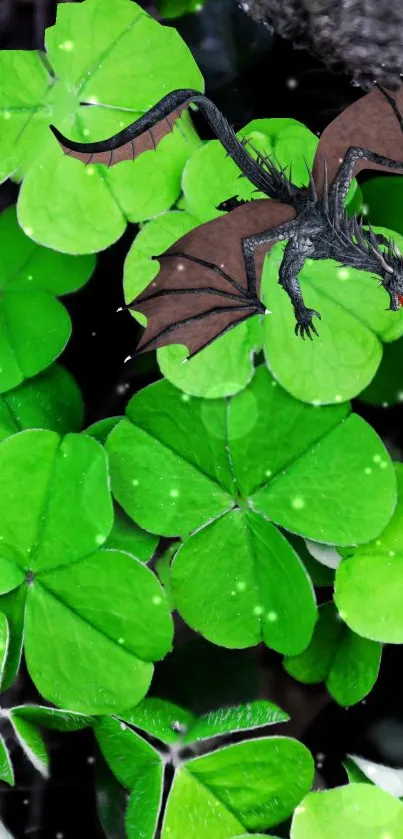 Dragon perched on clover leaves in vibrant green fantasy scene.