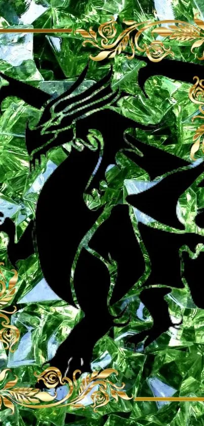 Black dragon with gold frame on green glass background.