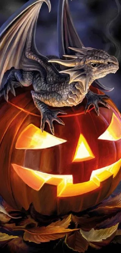 Dragon atop a jack-o'-lantern with autumn leaves.