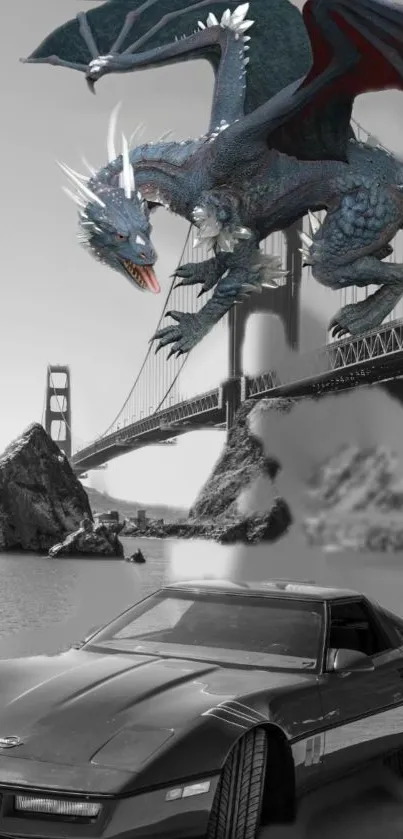 A blue dragon flies over the Golden Gate Bridge in a vivid fantasy wallpaper.