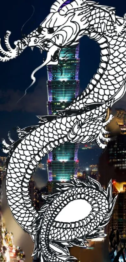 Dragon silhouette against Taipei city lights at night.