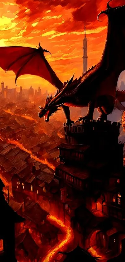 Dragon overlooking a fiery city during sunset with dramatic orange sky.